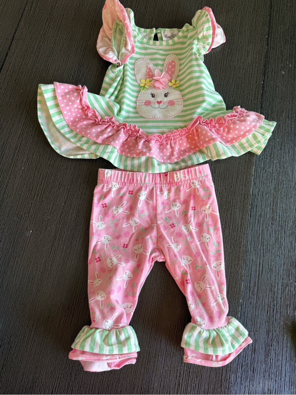 Rare Editions Pink and Green Bunny Stripe Ruffle Matching Set